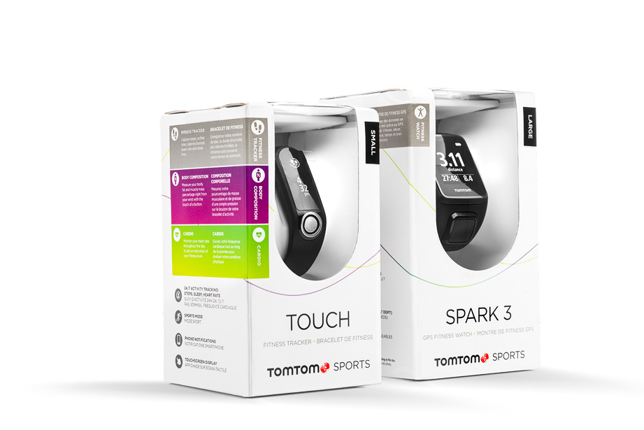 Packshots van de verpakkingen van TomTom GPS Watches
